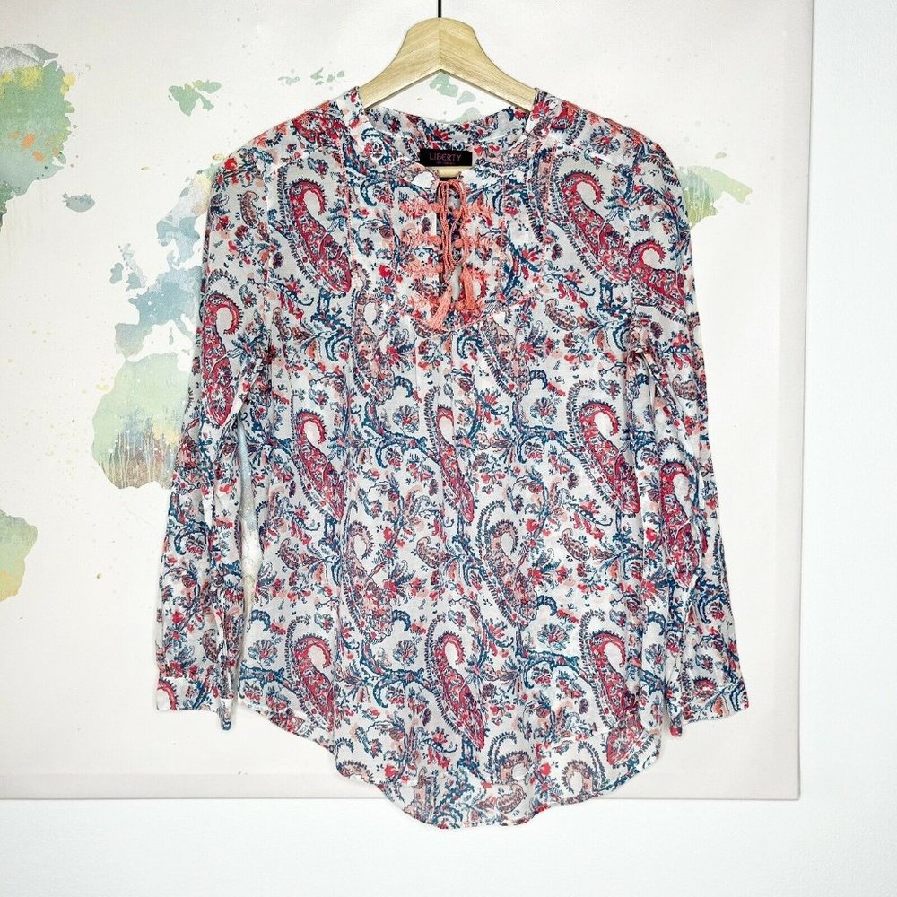 J.‎ Crew Liberty London Size 4 Popover Blouse Paisley Boho Tassels Cotton Silk